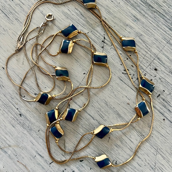 Vintage Navy Blue + Gold Enamel Necklce - Picture 1 of 9